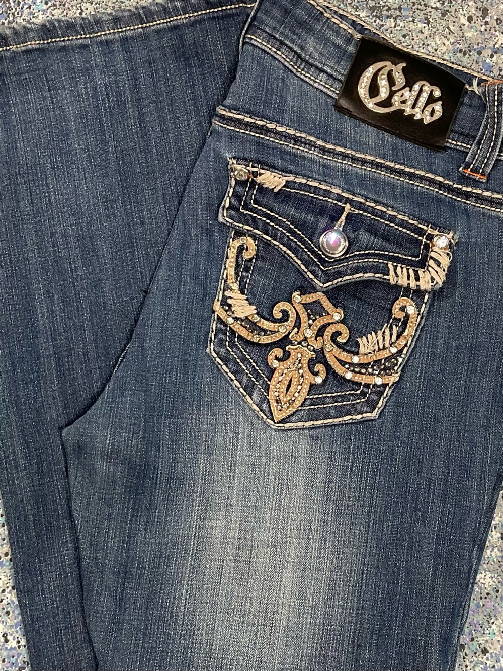 Y2K Cello Low Rise Bootcut Jeans Sz 9 Rhinestone Embroidered McBling Western